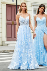 A-Linie himmelblaues Korsett kleid mit Spaghettiträgern und Applikationen